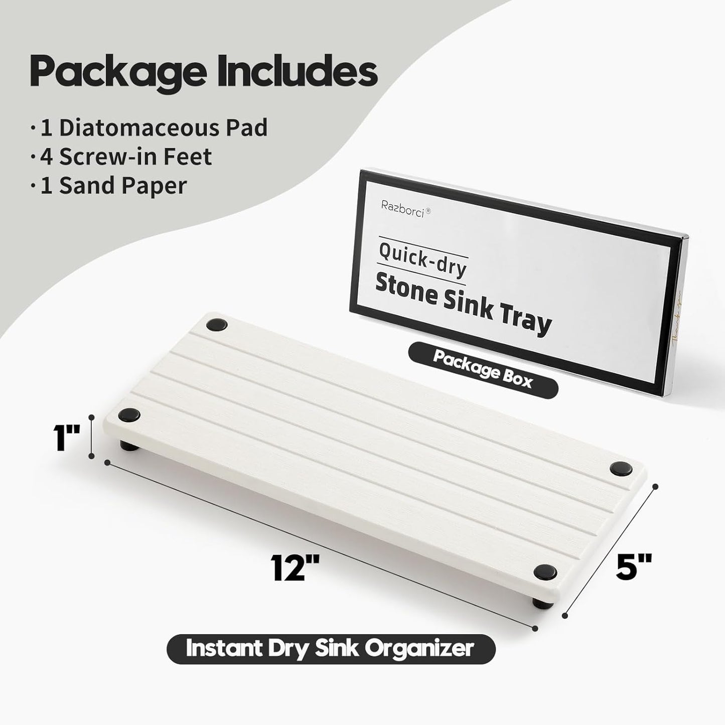 Instant Dry Sink Caddy Kitchen Sink Organizer, Quick Drying Stone Tray Diatomite Sponge Holder Soap Dish, Bathroom Countertop Fast Dry Water Absorbing Vanity Rack, White, 12" x 5"