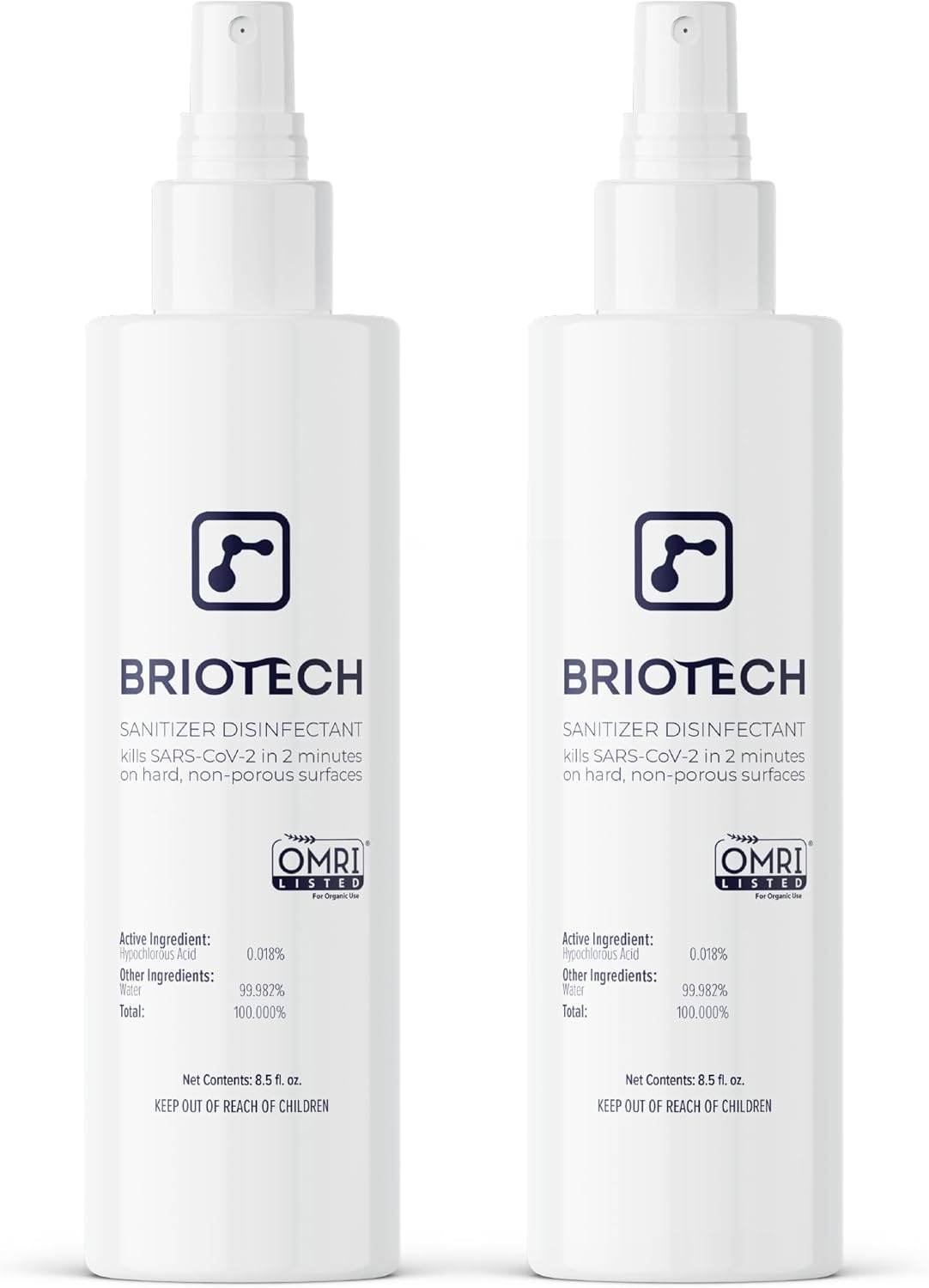 BRIOTECH Sanitizer Disinfectant Hypochlorous Spray, Kill 99.99% of Viruses & Bacteria, Control Mold, Eliminate Odor, Gentle for Nursery & Play Rooms, Food Contact Surface Sanitizer, 8 fl oz (2 Pack)