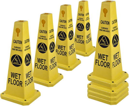 8-Pack 26.5" Caution Cones, 4-Sided Visible Safety Signs with Heavy Rubber Base, Warning for Slip & Fall Prevention, Indoor/Outdoor Use (Yellow, 8Pcs-Caution Wet Floor)