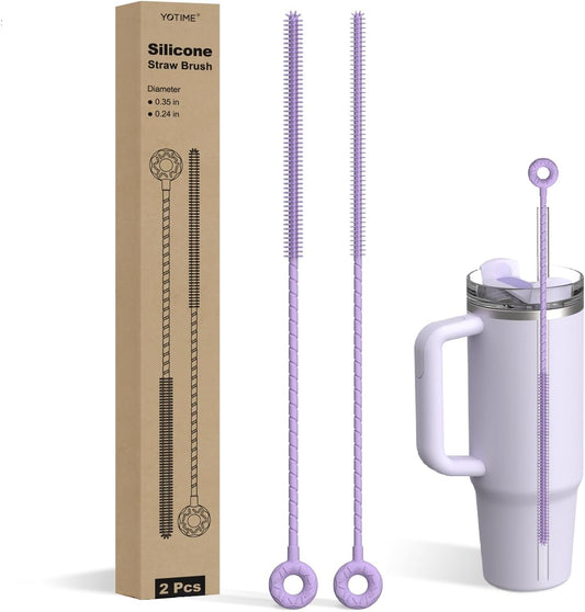 YOTIME Silicone Straw Cleaner Brush, 2 Pcs Reusable Straw Brush(6mm+9mm) for Cleaning Narrow & Wide Straws, Tumblers, Purple