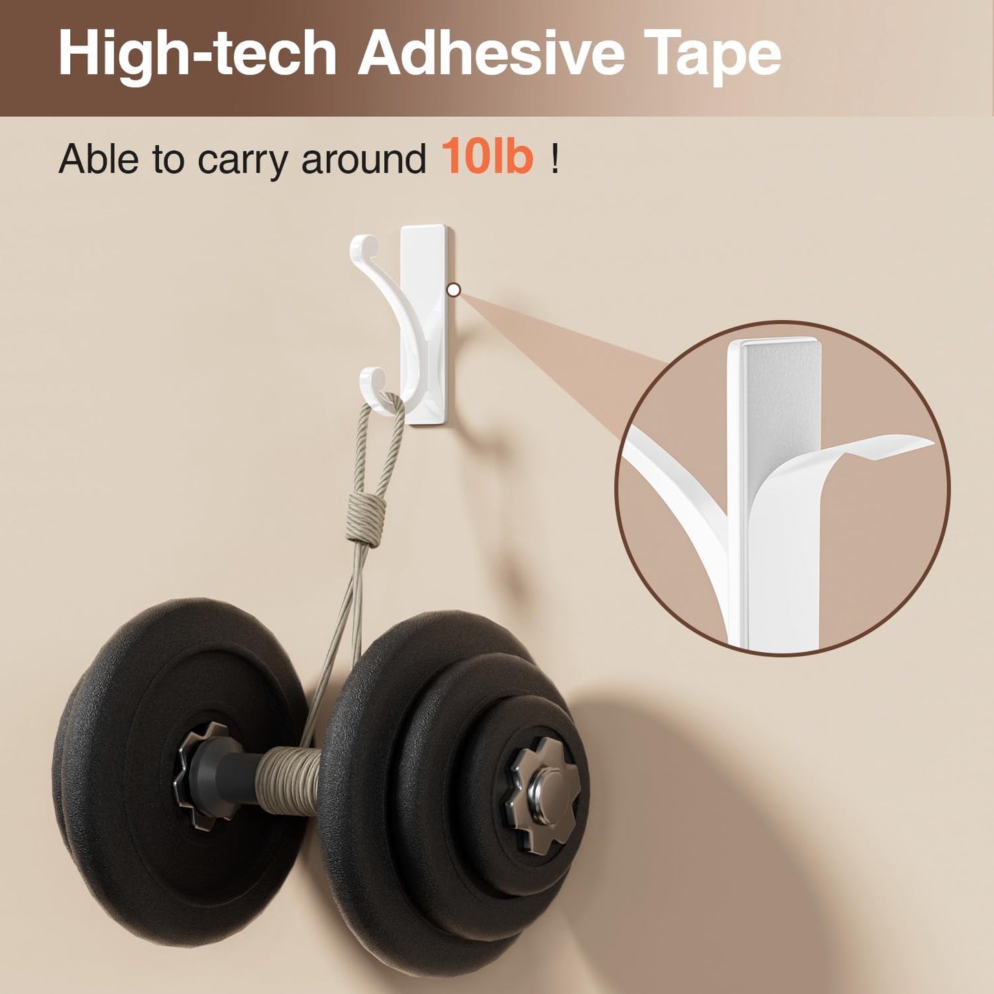 Adhesive Wall Hook for Towel/Coat - Extra Sticky 10LB Stainless, Stick on Hanger for Bath or Shower, Matt White 4-Pack