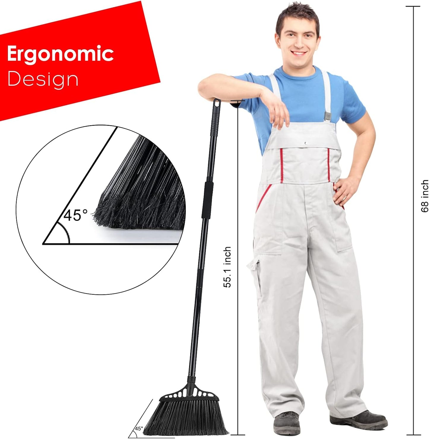 3-Pack Heavy Duty Broom, Commercial Broom with 55" Long Handle Outdoor Indoor, Industrial Brooms for Sweeping Garage Concrete Courtyard Patio Home Kitchen Office - All Black