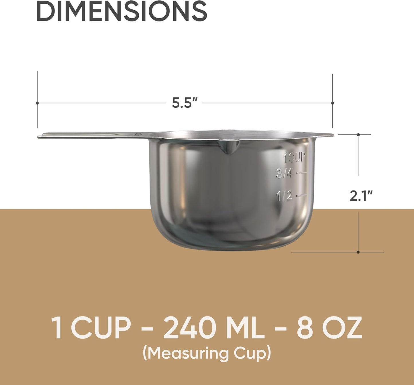 Color Up 1 Cup Measuring Cup (240 ml) – Premium Chrome Stainless Steel, Accurate for Wet & Dry Ingredients, Embossed Markings, Easy-Pour Spouts, Dishwasher-Safe, Kitchen Essential