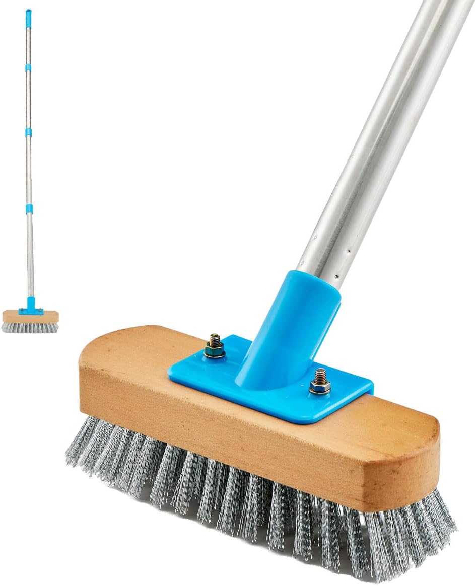 YONILL Stainless Steel Deck Scrub Brush with Long Handle - 60" Heavy Duty Floor Scrubber Brush with Pole, Moss Remover Wire Cleaning Brushes for Rough Surface, Concrete Floor, Patio, Garden, Garage