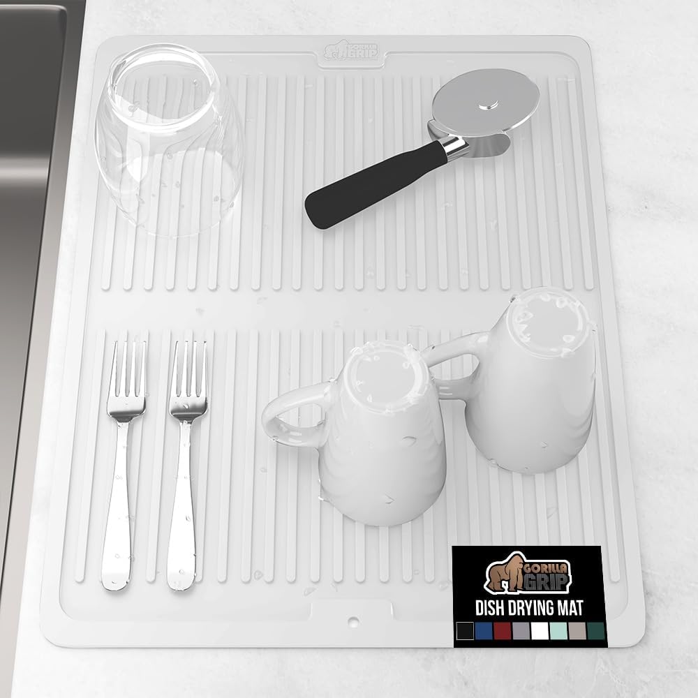 GORILLA GRIP 100% BPA-Free Patented Silicone Dish Drying Mat for Kitchen Counter, 18x16 Inch, Water Catching Ribbed Design, Easy Clean Waterproof Sink Liner, Heat Resistant, Fits Under Rack, White
