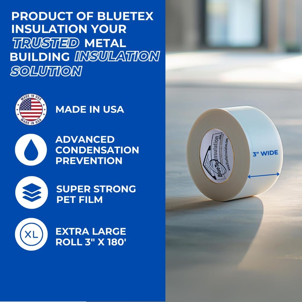 BlueTex Insulationㅤ3 Wide x 180' Long White Vapor Barrier Seam Tape - 16 Rolls Bulk Pack, Great for Crawlspaces, Waterproofing, Insulation Repairs, Underlayment Seams, Metal Building Insulation Seams