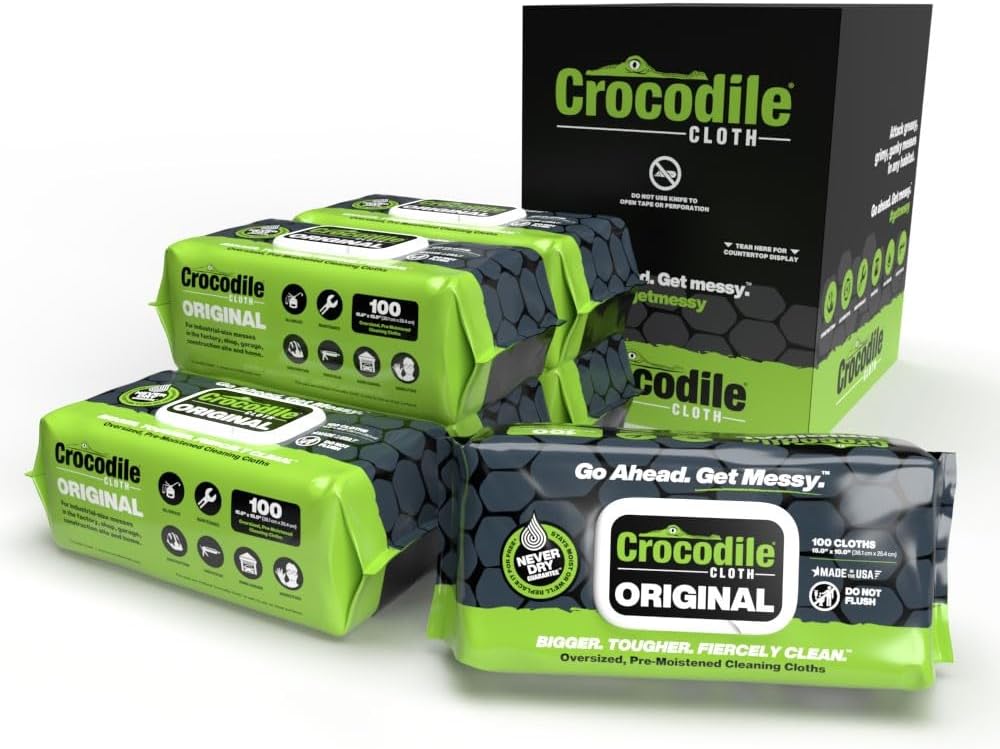 Crocodile Cloth Original Cleaning Wipes, 600 Count (6 Packs of 100) – Heavy-Duty 15” x 10” Multi-Surface Shop Wipes, Water-Based, Safe on Skin, Cuts Grease, Grime & Dirt