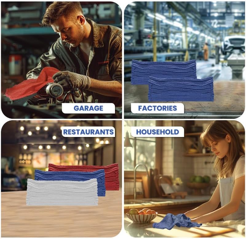 Auto Mechanic Shop Towels (13"x14"), 12 Pack Red - 100% Cotton Commercial Grade Rags for Cleaning & Maintenance, Garage Supplies - Professional Mechanics Reusable Wipes