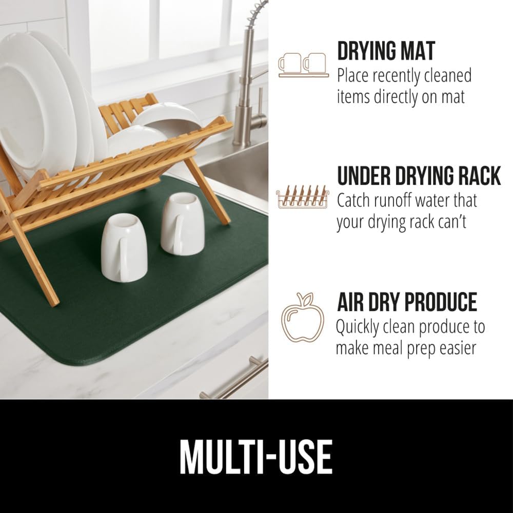 GORILLA GRIP Ultra Water Absorbent Microfiber Dish Drying Mat, Quick Dry Thick Mesh, Slip Resistant Pad for Sink Dishes or Under Rack, Kitchen Counter Accessories, 16x18, Machine Wash, Hunter Green