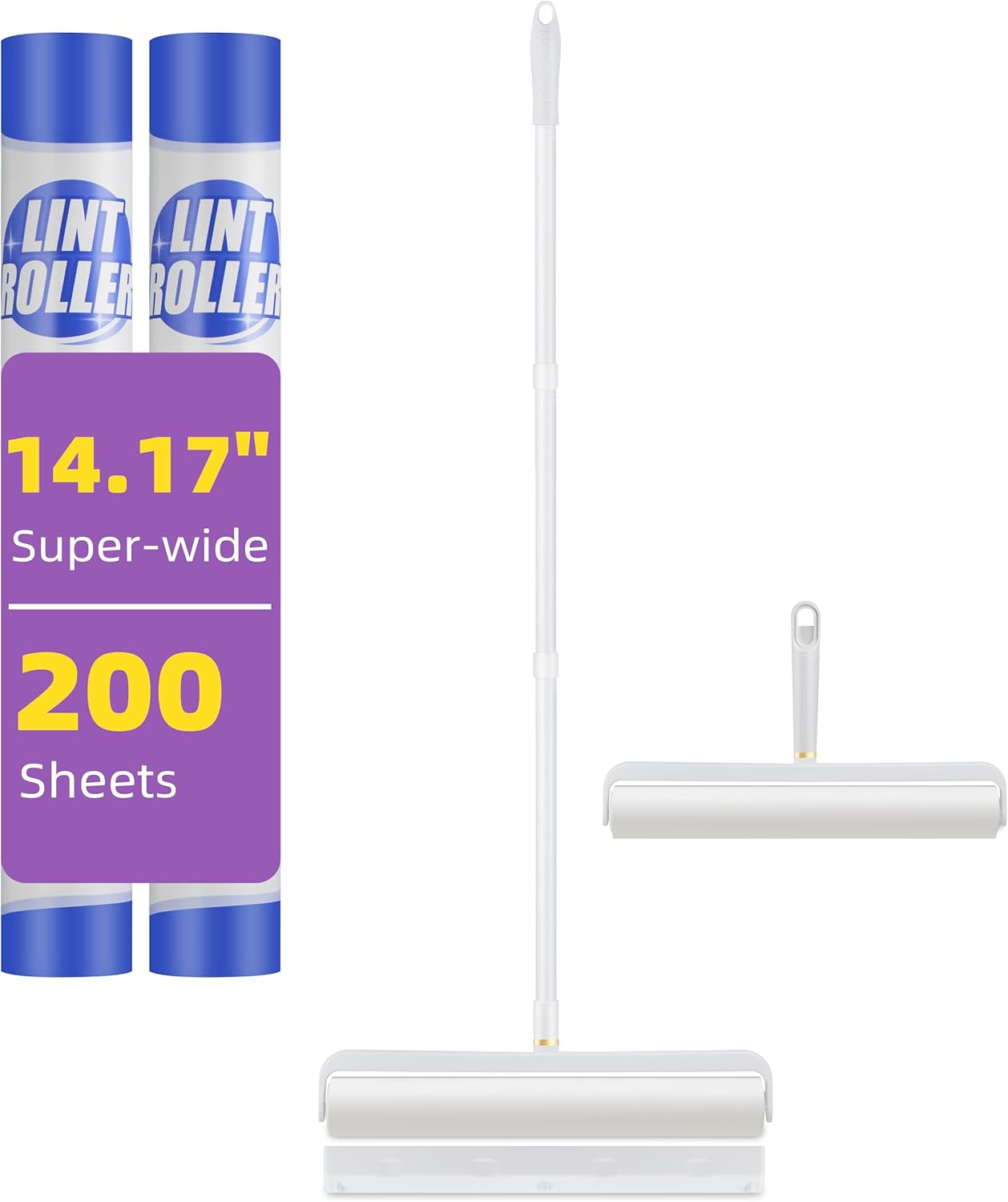 14.17" Extra-Wide Lint Roller Kit with 2 Refills & Dust Cover | Reusable Pet Hair Remover for Furniture, Car, Clothes | Extendable Handle (100 Sheets/Roll) (2)