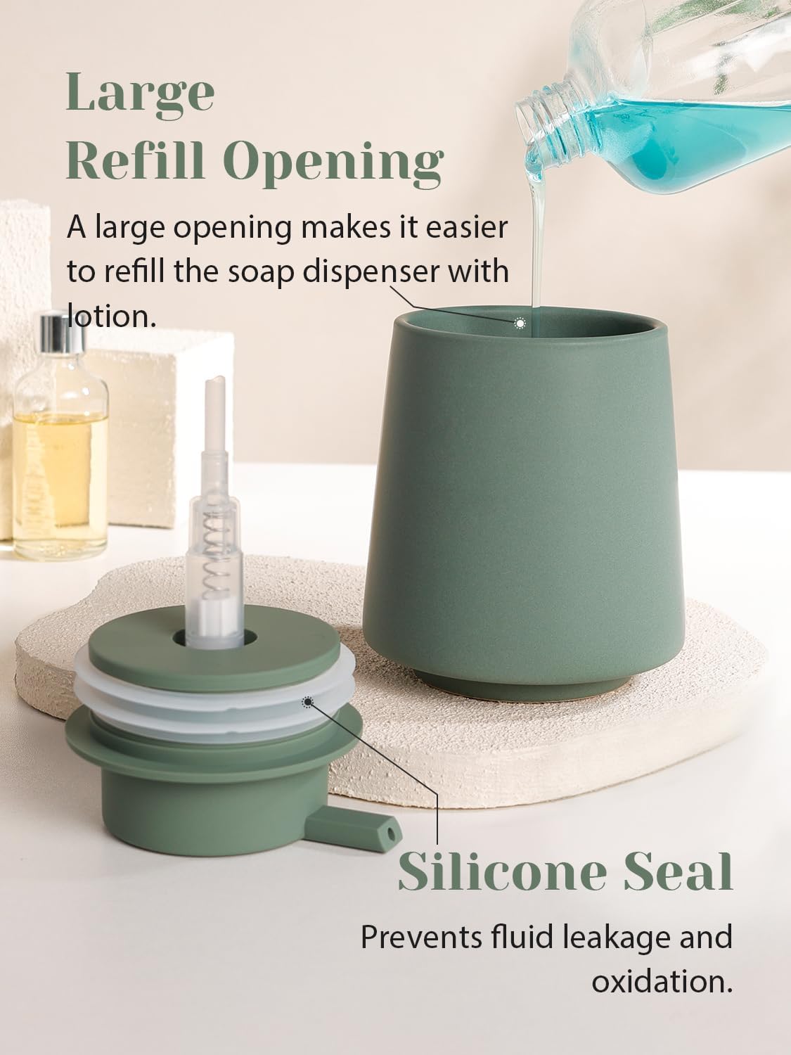 INGOFIN Ceramic Soap Dispenser, 14 oz Bathroom Hand Soap Dispenser, Liquid Dispenser with Pump, Refillable Modern Lotion Dish Dispenser for Kitchen, Matte Green