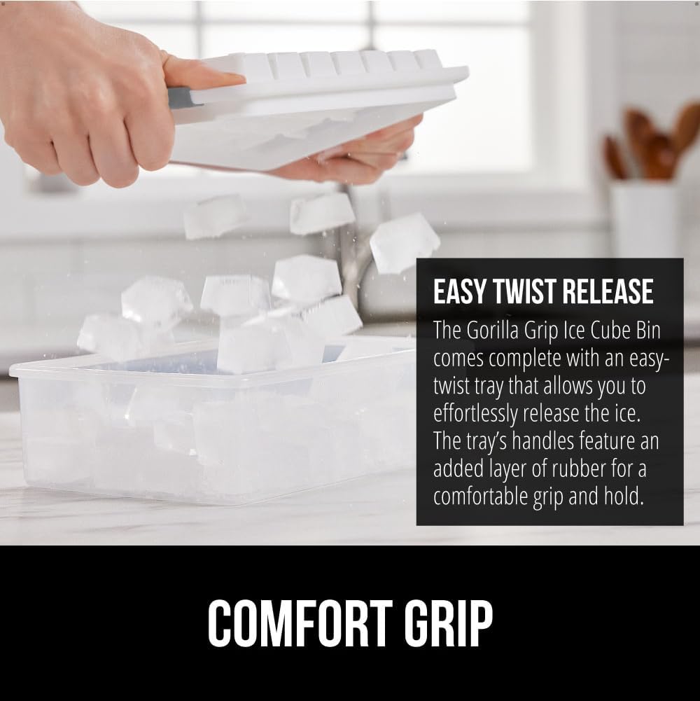 GORILLA GRIP Stackable Ice Cube Tray and Bucket Set for Freezer, Includes 2 Trays with Lid and Scooper, Easy Release, Makes 56 Cubes for Cocktail Soda Coffee, Leak Proof Bin Kit, Kitchen Tool, Gray