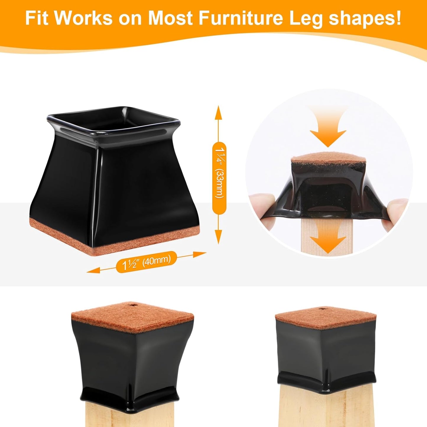 CHUNZEXI 32 Pack Square Chair Leg Floor Protectors for Hardwood Floors, Silicone Felt Covers Pads Caps, Protect Wood Furniture Feet Floors Noise Reduce and Scratch (Square Large & Black)