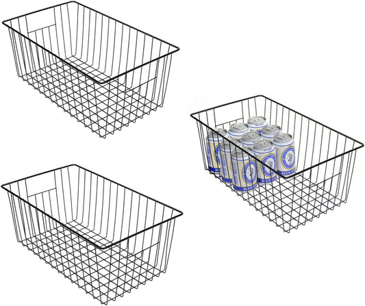 16inch Freezer Storage Organizer Baskets, Refrigerator Metal Wire Basket Bins with Handles for Kitchen, Pantry, Cabinet, Closets(Black, 3Pack)