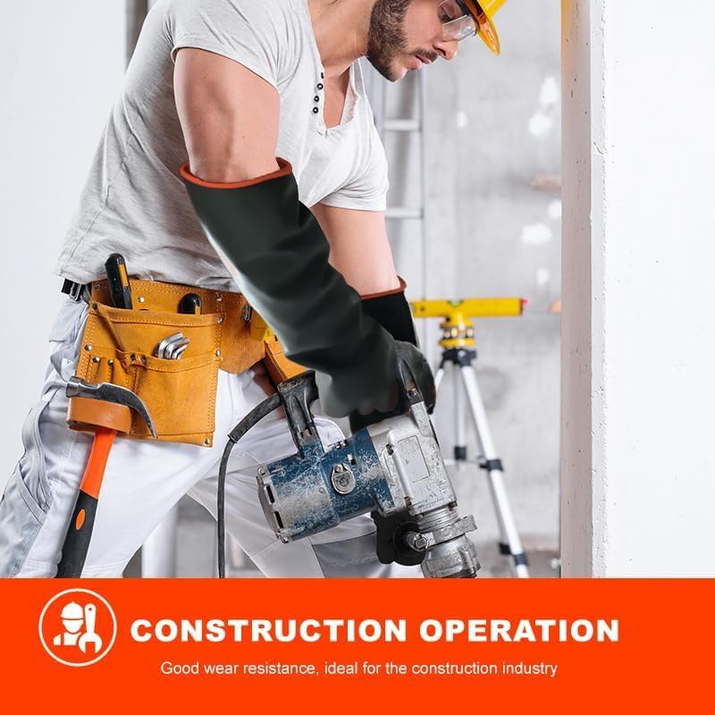 Heavy-Duty Latex Chemical Resistant Gloves - Reusable Long Rubber Dishwashing Gloves with Forearm Protection for Men - Waterproof, Industrial Safety Gear, Acid & Alkali Resistant, Oil-Proof,14“，2 Pair