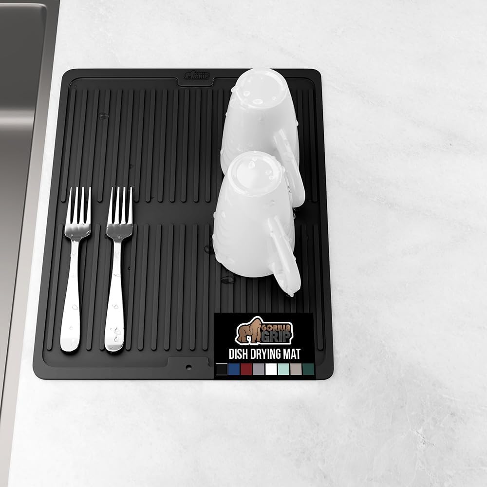 GORILLA GRIP 100% BPA-Free Patented Silicone Dish Drying Mat for Kitchen Counter, Water Catching Ribbed Design, Easy Clean Waterproof Sink Liner, Heat Resistant, Fits Under Rack, 13x11 Inch, Black