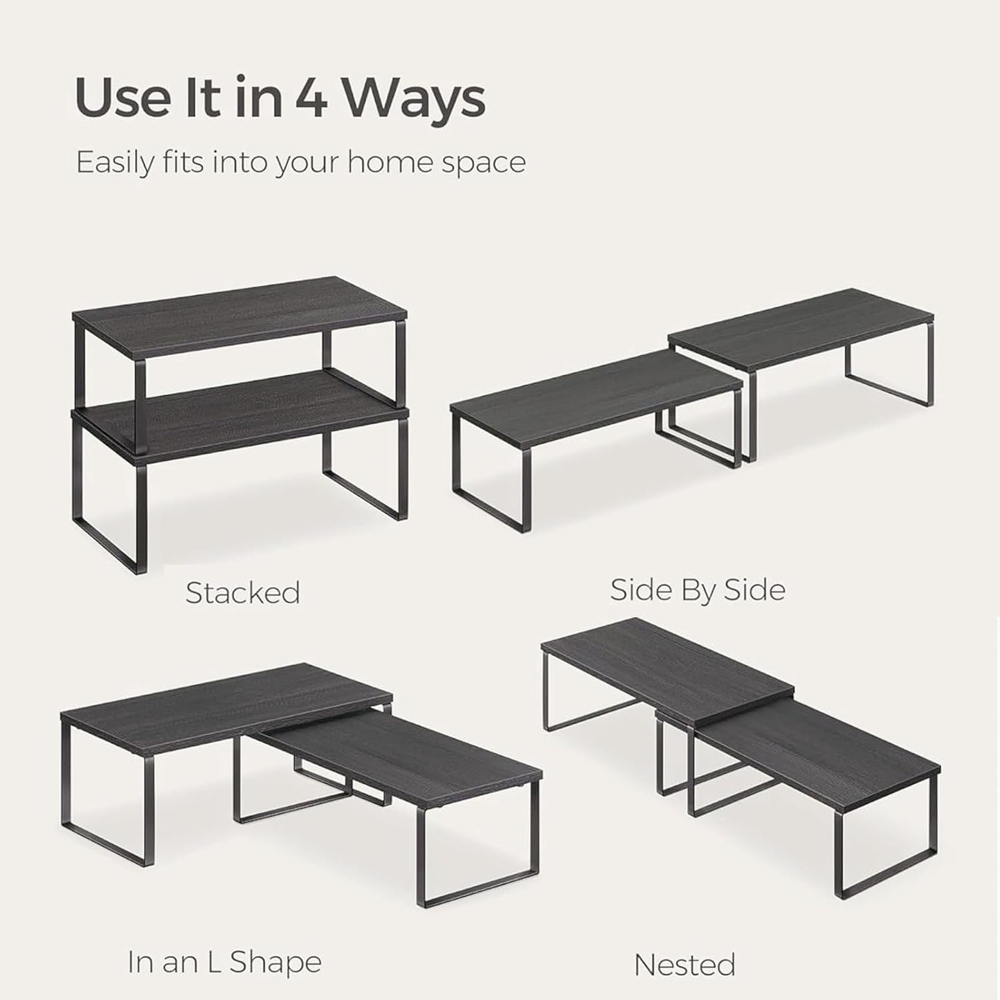 Cabinet Organizer Shelf, Kitchen Counter Storage, 2-Piece Set, Stackable Spice Rack, Metal and Wood (Black and Charcoal Black)