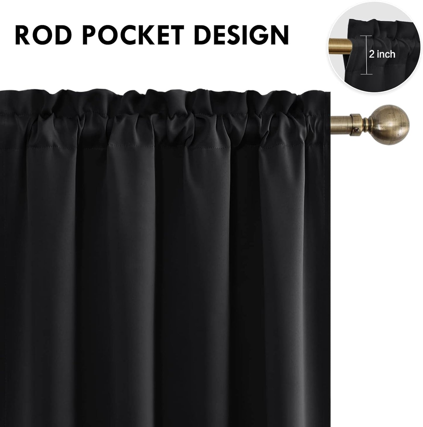 DWCN Blackout Curtains Room Darkening Thermal Insulated Bedroom Curtains Window Curtain Panels, 52 x 63 inches Long, Set of 2 Black Rod Pocket Drapes
