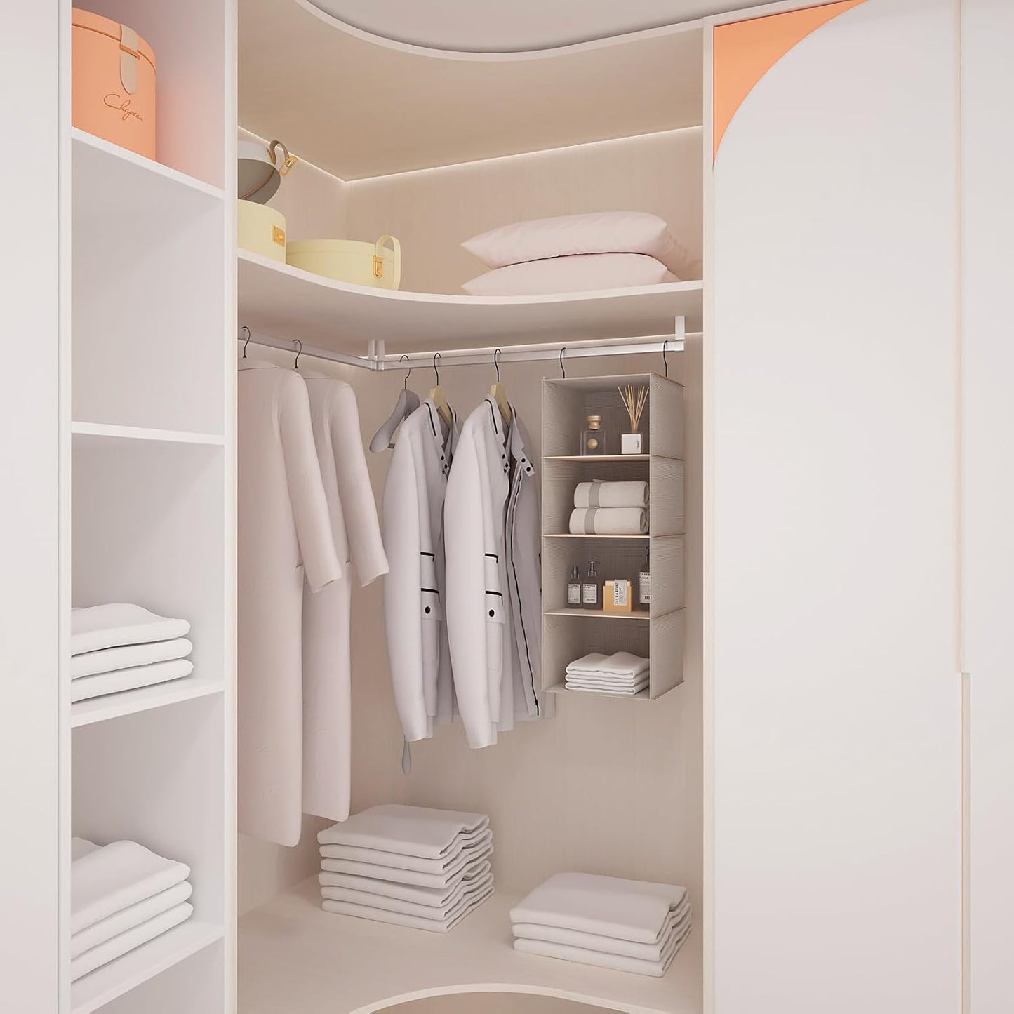 Hanging Closet Organizer and Storage, Foldable 4-Shelf Wardrobe Clothes Shelves Organizer, Imitation Linen Fabric, Beige Houndstooth