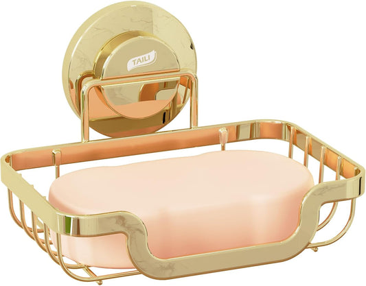 TAILI Soap Holder Bar Dish Suction Cup, Bar Shampoo Rack for Shower Wall, Draining Soap Saver Tray for Bathroom, Rustproof Stainless Steel Sponge Holder for Tub, Kitchen, Drill-Free, Gold