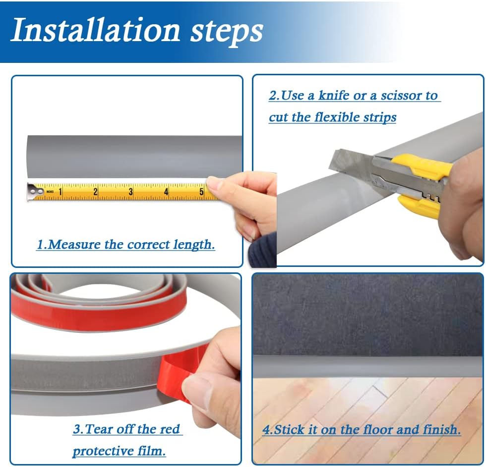 Floor Transition Strip Self Adhesive Carpet & Flooring Transitions Edging Trim Strip PVC Threshold Transitions Suitable for Threshold Height Less Than 5mm (10Ft, Gray)