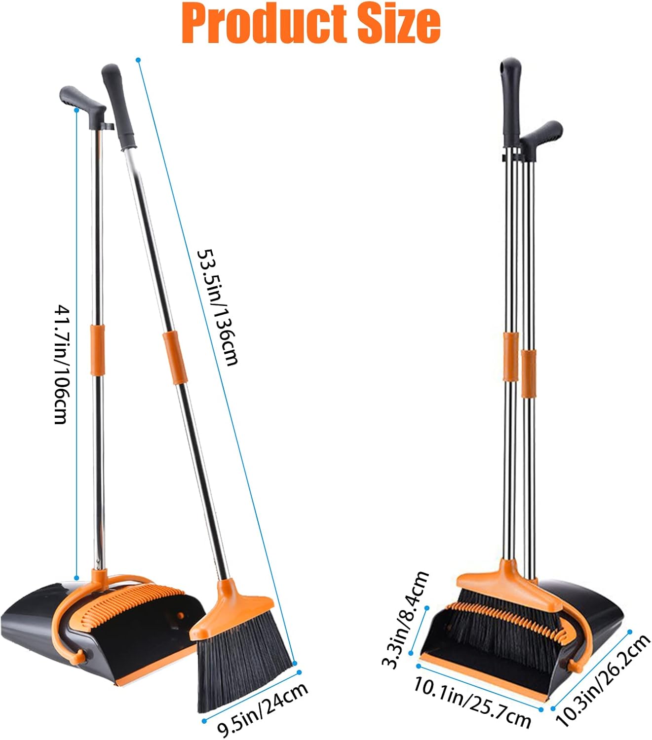 Broom and Dustpan Set with Long Handle and 6 Bonus Cleaning Tools, Upright Standing Combo with Self-Cleaning Teeth & Windproof Dustpan for Pet Hair, Home, Kitchen, Garage, Apartment