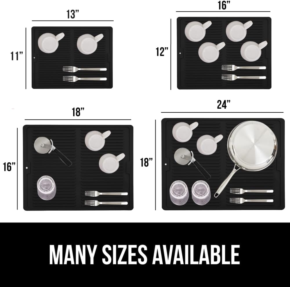 GORILLA GRIP 100% BPA-Free Patented Silicone Dish Drying Mat for Kitchen Counter, Water Catching Ribbed Design, Easy Clean Waterproof Sink Liner, Heat Resistant, Fits Under Rack, 13x11 Inch, Black