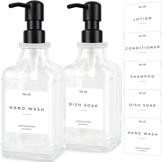 Emerson Essentials Glass Soap Dispenser Set – 16 oz 2-Pack – Refillable Dish & Hand Soap Dispensers for Kitchen or Bathroom – Stainless Steel Pump & 5 Waterproof Labels