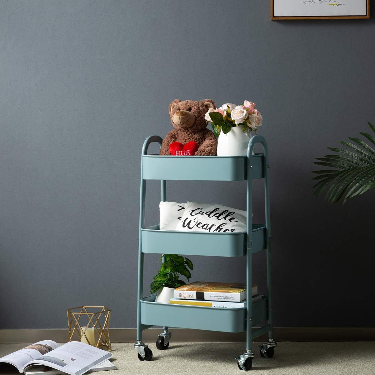 AGTEK Makeup Cart, Movable Rolling Organizer Cart, Grey-Blue 3 Tier Metal Utility Cart