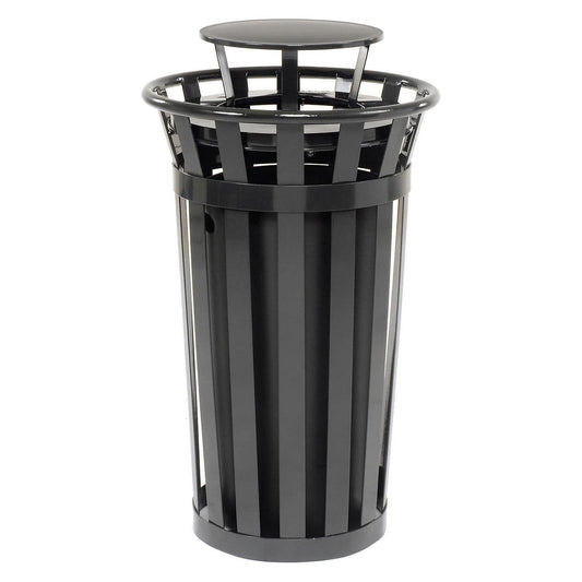 Global Industrial 24 Gallon Heavy-Duty Outdoor Metal Slatted Round Trash Receptacle with Rain Bonnet Lid, Powder Coat Finish, 23" Diameter x 41-3/4"H, Black