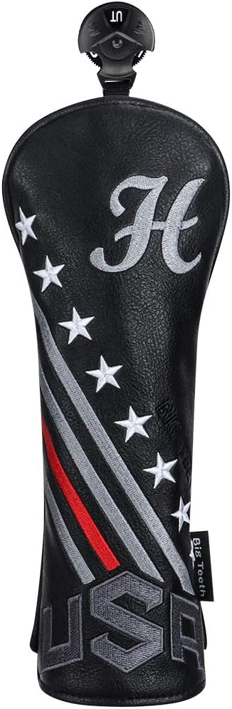 Big Teeth Golf Cover USA Stripe and Star Headcover Covers, Driver Fairway Wood Hybrid Headcovers Fits Blade Mallet Putter Iron and Woods with Magnetic Club Protector Pu Leather Golf Accessories