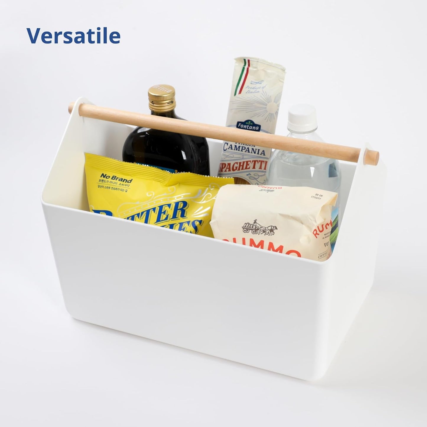 BLUE GINKGO Large Storage Basket – Plastic Caddy with Wooden Handle for Bathroom, Pantry, or Cleaning Supplies (White)