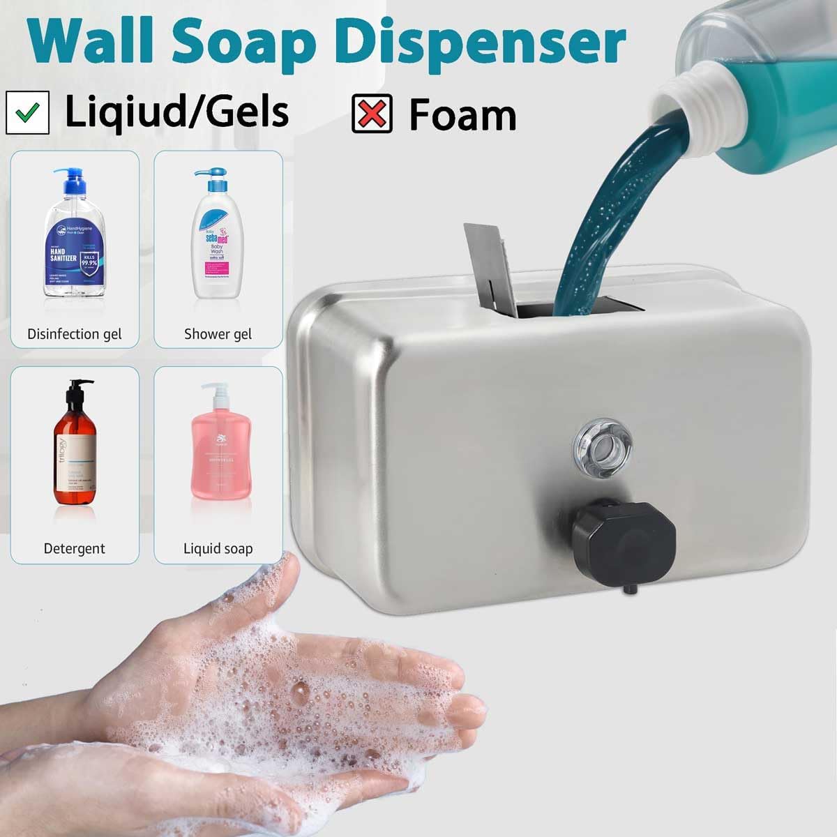 Commercial Soap Dispenser Wall Mount – Antirust Stainless Steel Soap Dispenser Liquid 38.8oz Large Capacity (Horizontal), Anti-Leak SUS304 Brushed Metal for Bathroom & High-Traffic Areas