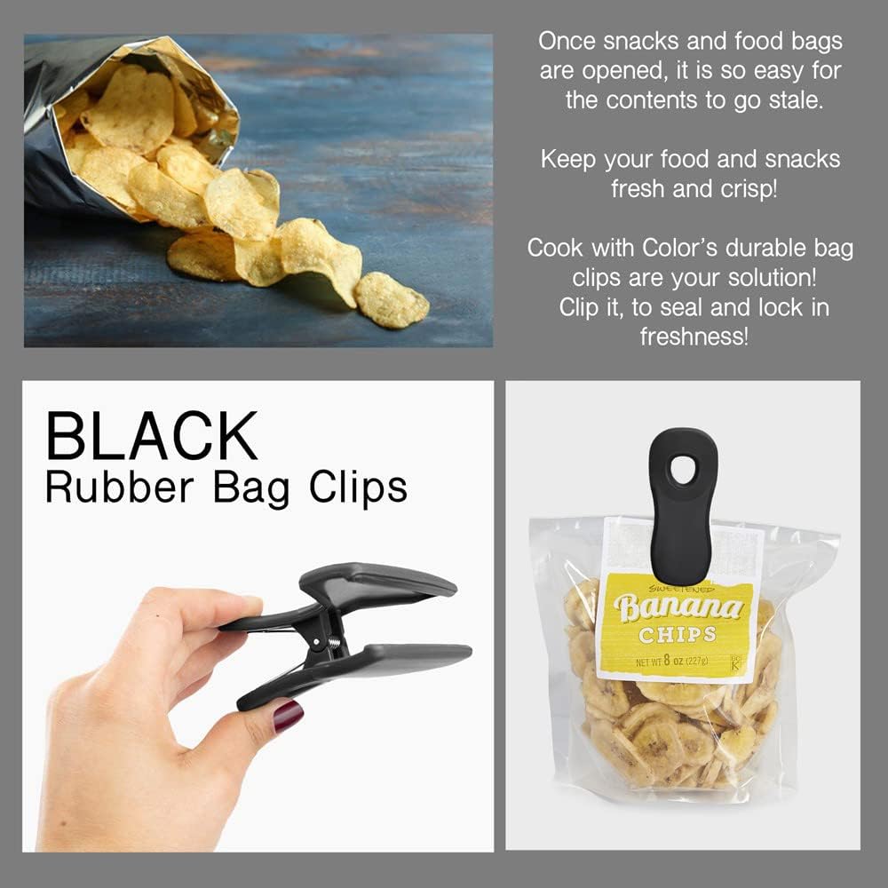 COOK WITH COLOR Bag Clips, Heavy Duty Chip Clip and Refrigerator Magnet Clips for Food Storage with Air Tight Seal Grip for Snack Bags and Food Bags (Black, Pack of 8)