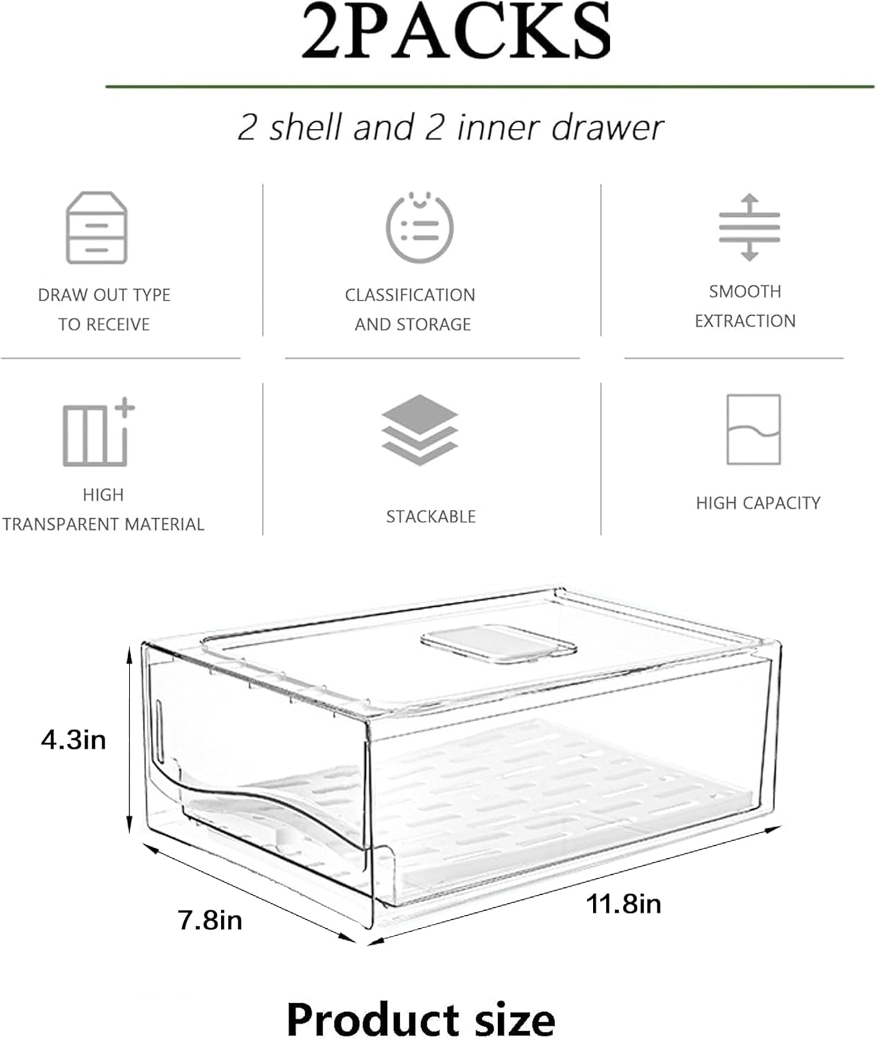 2 Pack Large Capacity Fruit Storage Containers for Fridge with Drain Board, Stackable Refrigerator Organizers Drawer,Reusable Food Storage Containers for Drinks, Meat,Vegetable,Produce,Fruit