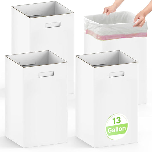 Extra Strong Corrugated Cardboard Portable Garbage Can, 4 Pack Reuseable and Disposeable Extra Large Trash Cans, 13 Gallon (21.6" H x 13.5" W x 10" D), Recycled Garbage Can and Recycling Bins, White