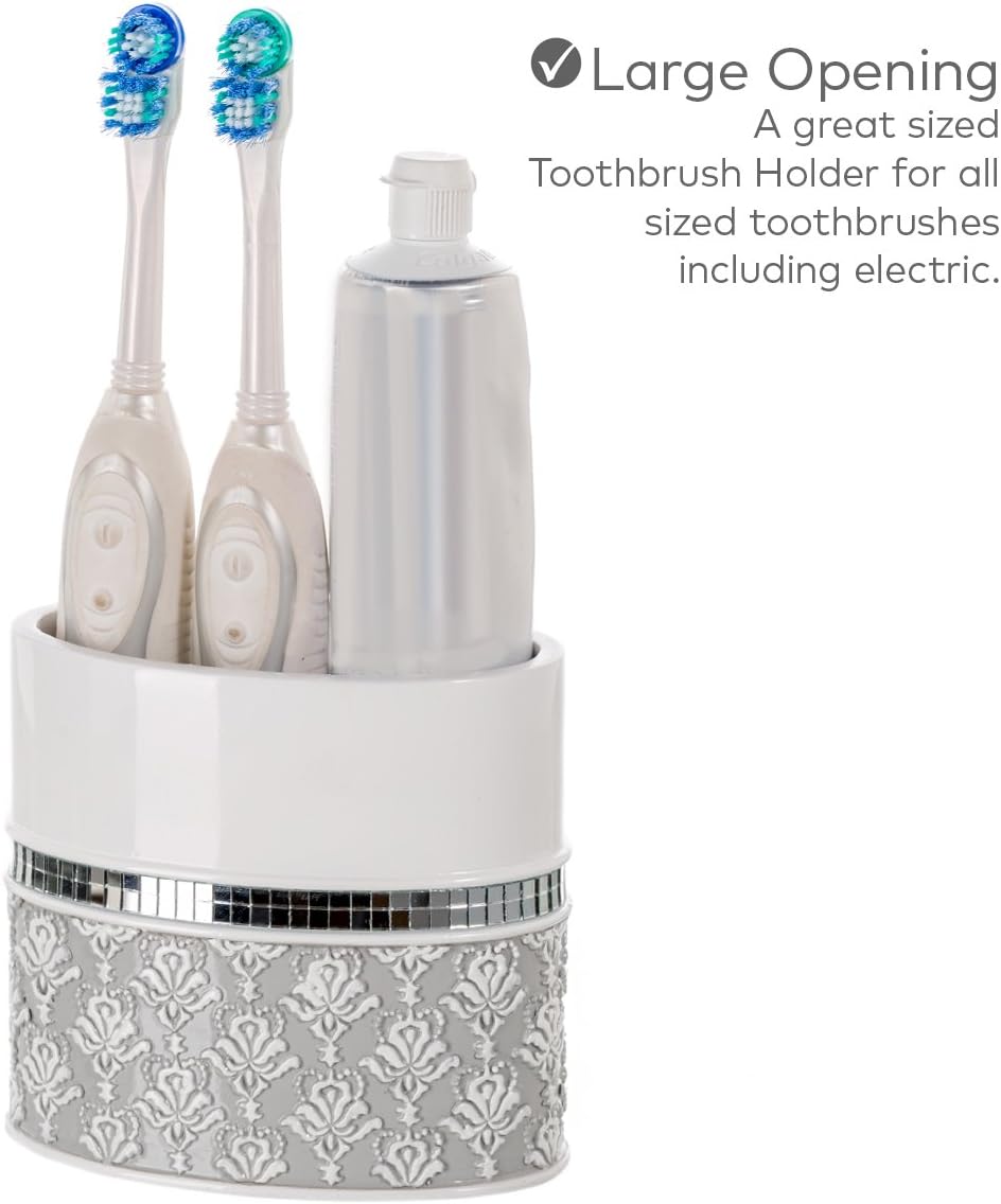 Creative Scents Mirror Damask Toothbrush Holder for Bathroom - Gray & White Toothbrush and Toothpaste Holder - Decorative Toothbrush Cup for Bathroom Holds Multiple Standard Or Electric Toothbrushes