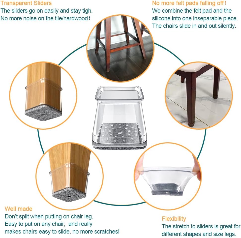 32 Pcs Square Chair Leg Protectors for Hardwood Floors,Felt Furniture Floor Protectors with Silicone Caps, Small Size (Fits Chair Legs with Side Length: 3/4" to 1")