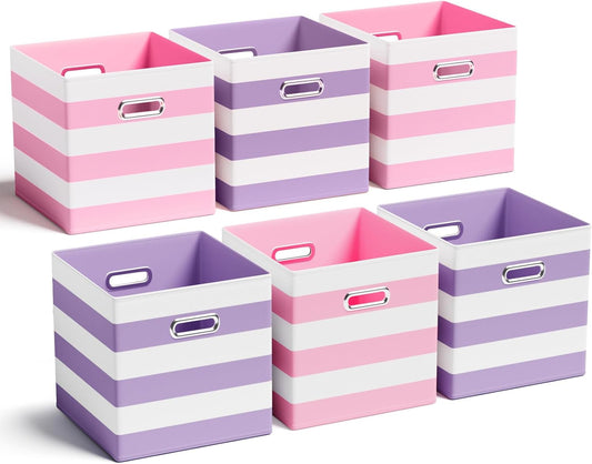 6 Pcs Fabric Storage Cubes with Metal Handle Back to School Classroom Supplies 11 Inch Macaron Colored Striped Style Collapsible Bins Organizer for School Nursery(Purple, Pink)