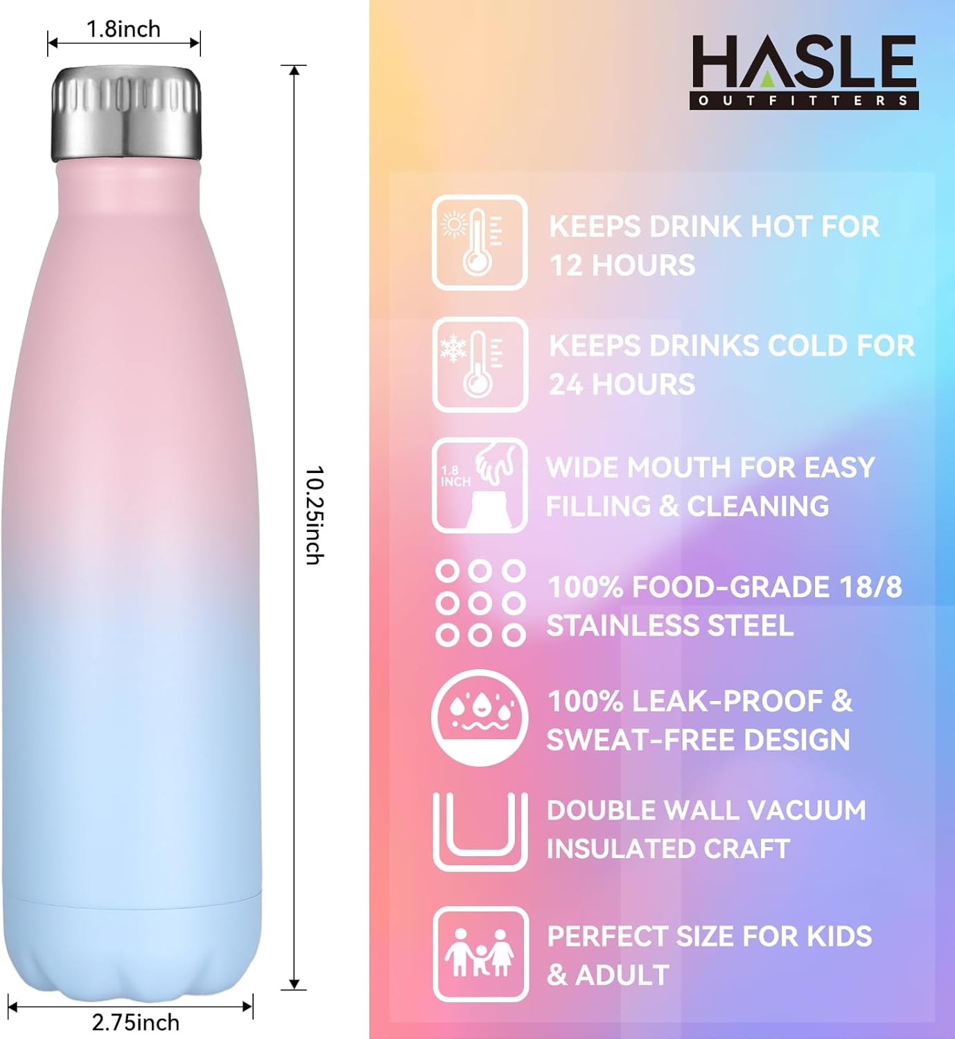 HASLE OUTFITTERS 17oz Stainless Steel Water Bottles Bulk, Vacuum Insulated Water Bottles Double Walled Reusable Metal Sports Water Bottles Keep Drinks Hot and Cold, Pink Blue, 8Packs