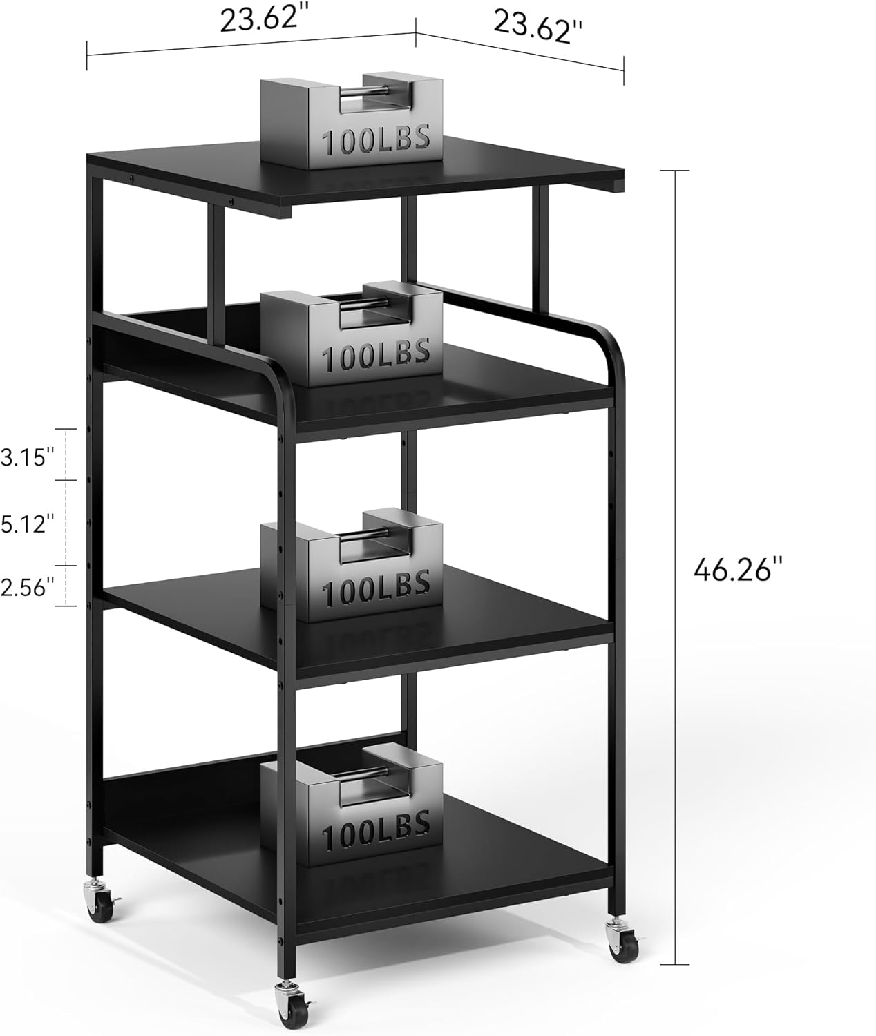Extra Tall & Large Printer Stand, 24" x 24"x 46'' Height 4 Tier Metal Printer Table for Home Office, Printer Stand with Adjustable Storage Shelf, Rolling Cart for 3D Laser Printer (Black)