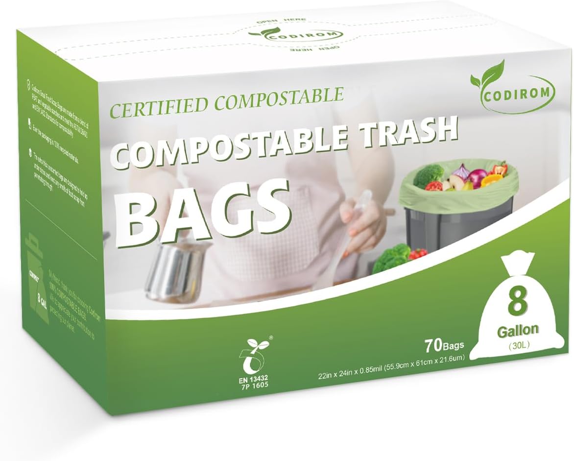 100% Compostable Trash Bags, 8 Gallon, 30 Liter, 0.85 Mils, 70 Count Large Kitchen Food Scrap Compost Bags for Kitchen Step Trash Cans with Europe EN13432 Certified