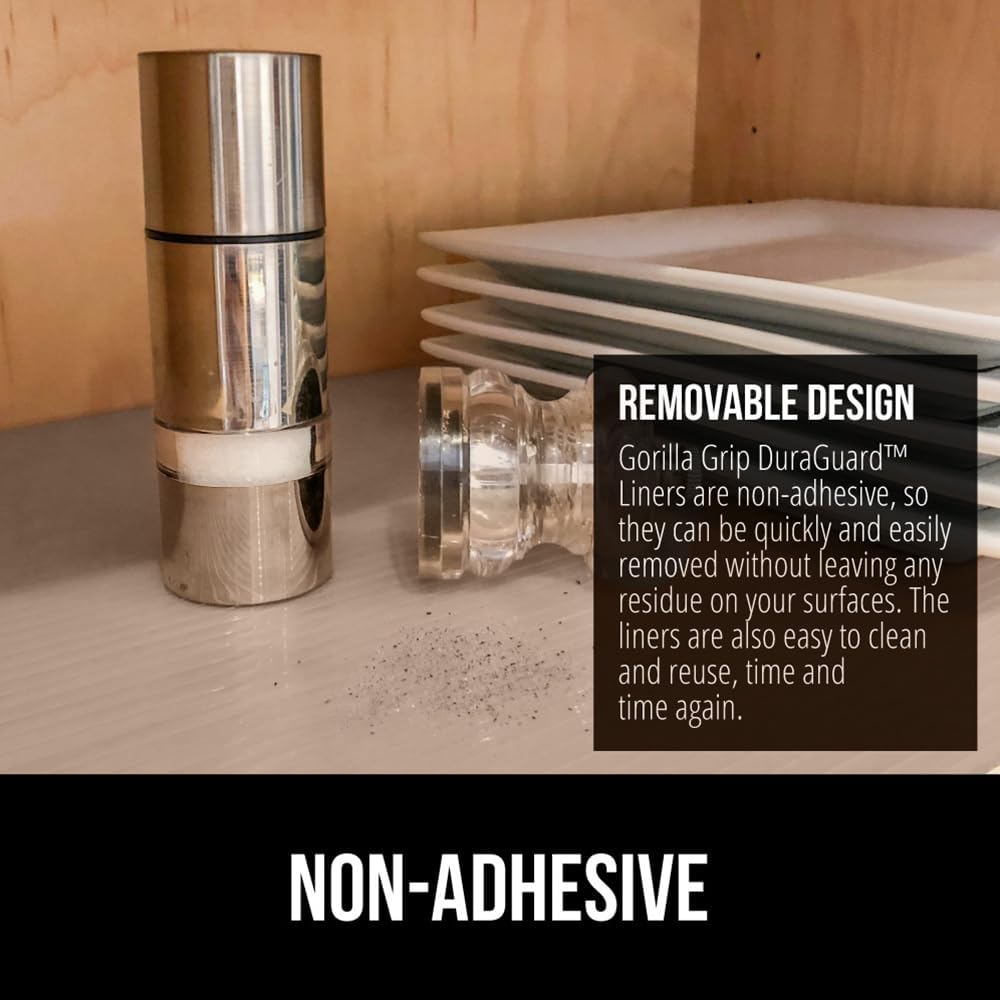 GORILLA GRIP DuraGuard Shelf Liner, Non-Adhesive Cabinet Liners for Kitchen Drawers, Shelves, Refrigerator, Pantry Storage, Bathroom Closet, Durable Waterproof BPA Free Ribbed Plastic, 17.5x10 Beige