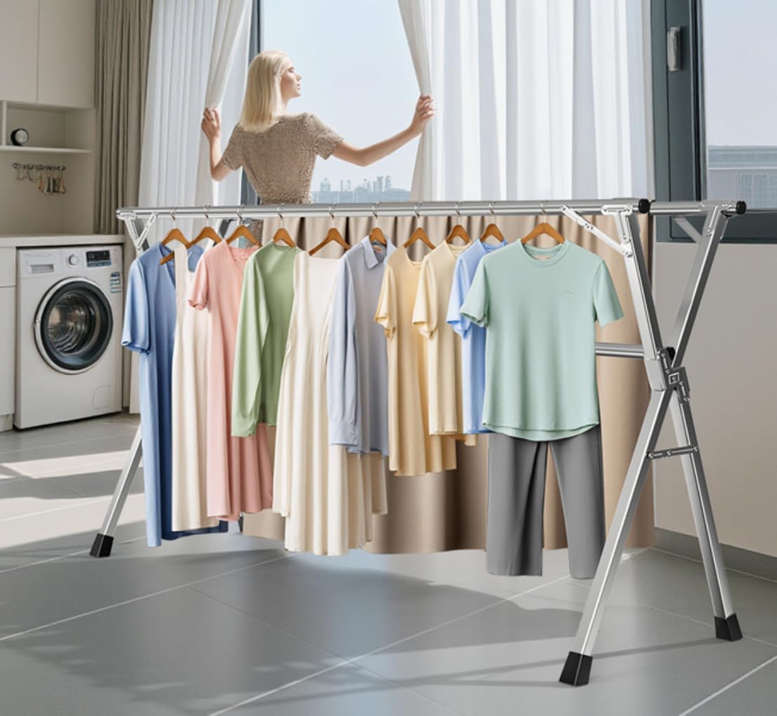 63 Inches Heavy - Duty Stainless Steel Folding Clothes Drying Rack - Indoor/Outdoor Use, Anti-Rust, 20 Windproof Hooks, Portable & Foldable (63'')