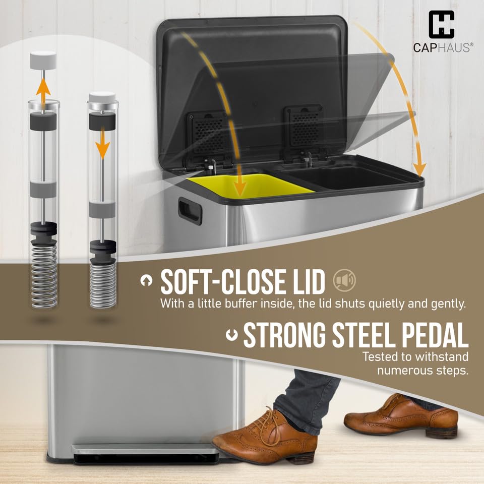 CAPHAUS Black Dual Trash Can w/Single Lid, Trash & Recycle Bins Combo, Hands-Free Stainless-Steel Garbage Can for Kitchen, with 2 Compartment, Hinged Lid, Odor Filters, Handles, 30L+30L, 2 x 8 Gal