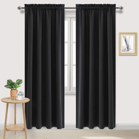 DWCN Black Blackout Curtains for Bedroom, 60 x 84 inches Long - Room Darkening Thermal Insulated Large Drapes, Set of 2 Rod Pocket Curtain Panels