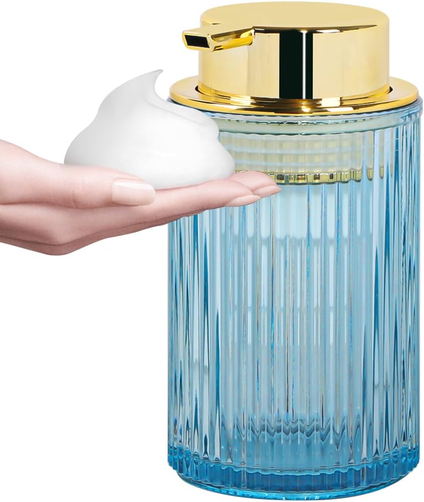 Blue Foaming Soap Dispenser, 12 Oz Glass Foaming Hand Soap Dispenser with Gold Pump, Bathroom Refillable Liquid Lotion Container Pump Ribbed Bottle for Kitchen Bathroom Decor, 1pc