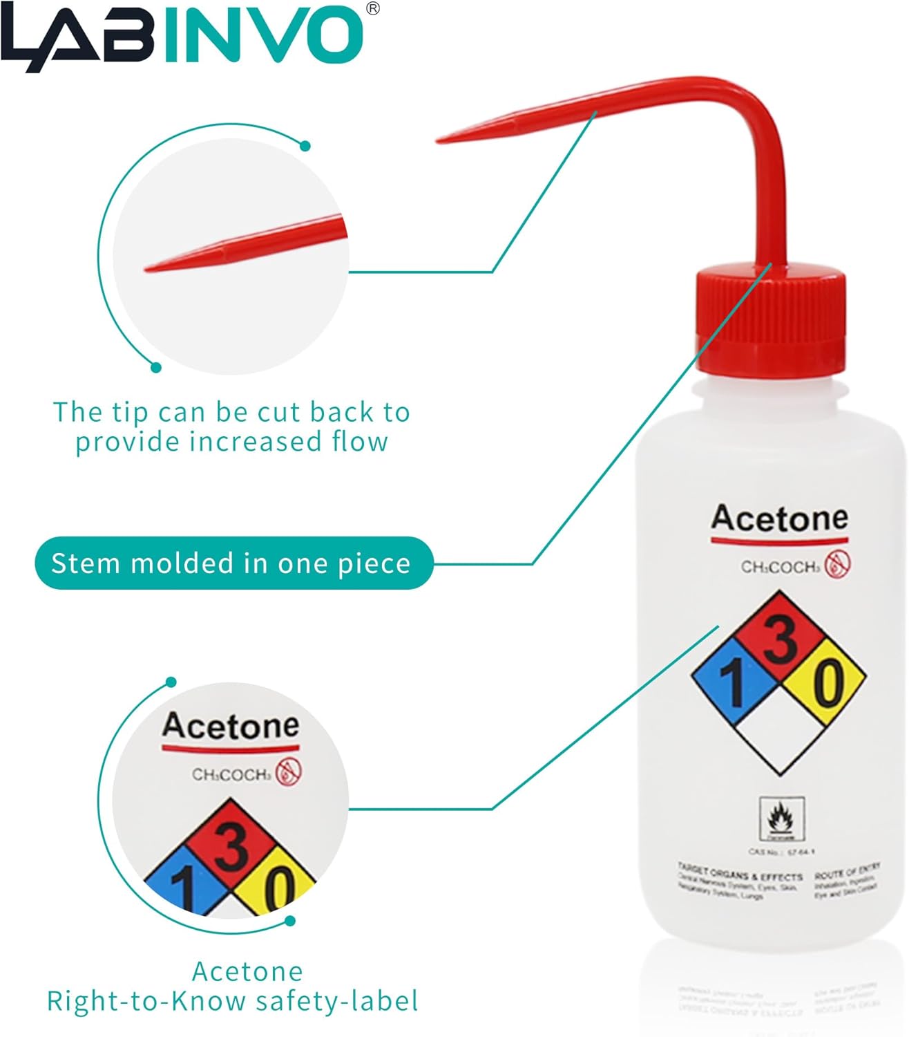 Acetone Wash Bottle, 1PC of Vol.500ml (17oz), Narrow Mouth, Self-Venting Safety Wash Bottle, LDPE Material, IN-WBA501