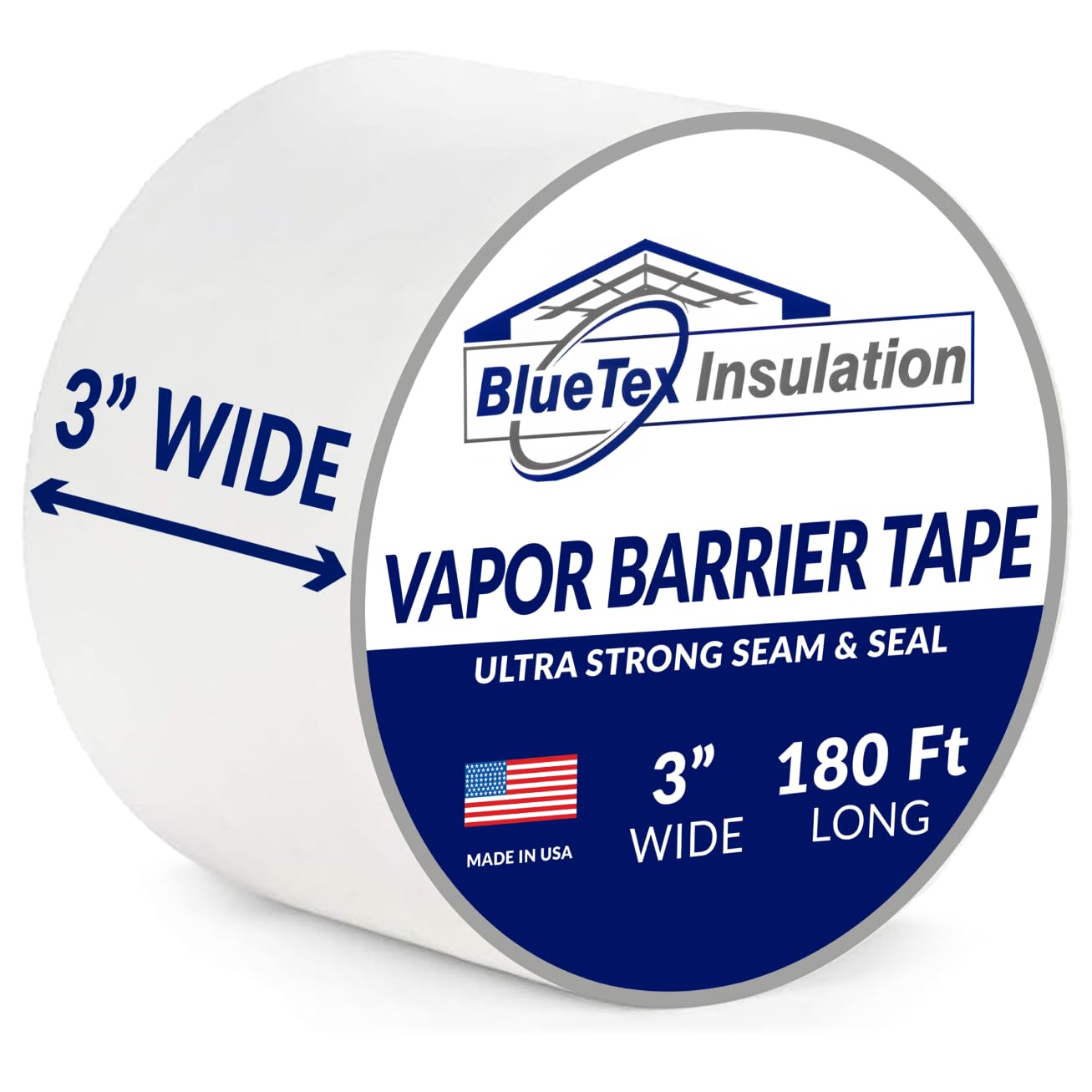 BlueTex Insulationㅤ 3" Wide x 180' Long White Vapor Barrier Seam Tape - 1 Roll, Waterproofing & Great for Crawlspaces, Insulation Repairs, Underlayment Seams, Metal Building Insulation Seams