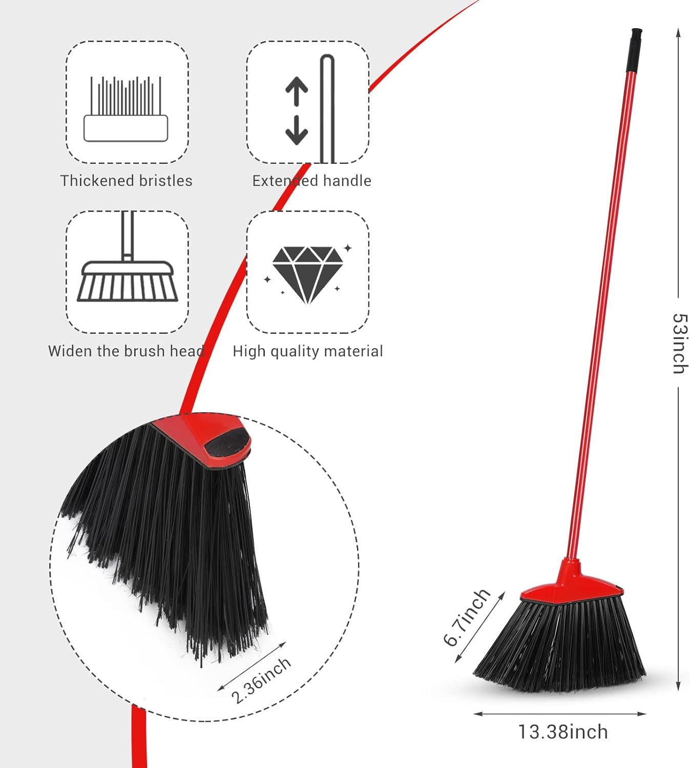 12 Pcs Heavy Duty Commercial Angle Broom 53 Inch Long Handle for Sweeping Indoor Outdoor - Garage, Courtyard, Patio, Lobby, Mall, Market, Shop, Sidewalk Floor (Red)
